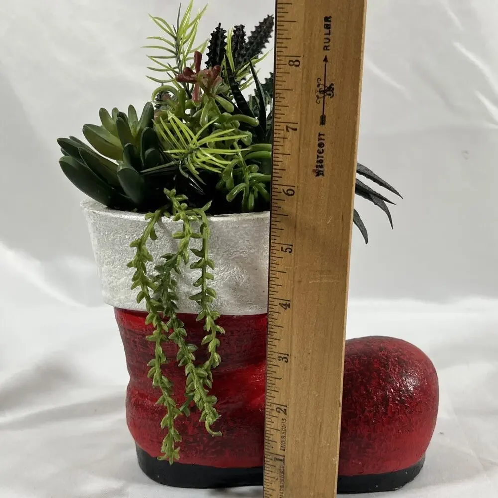 Vintage Ceramic Red Santa Boot Planter w/ Faux Plastic Succulents Plants